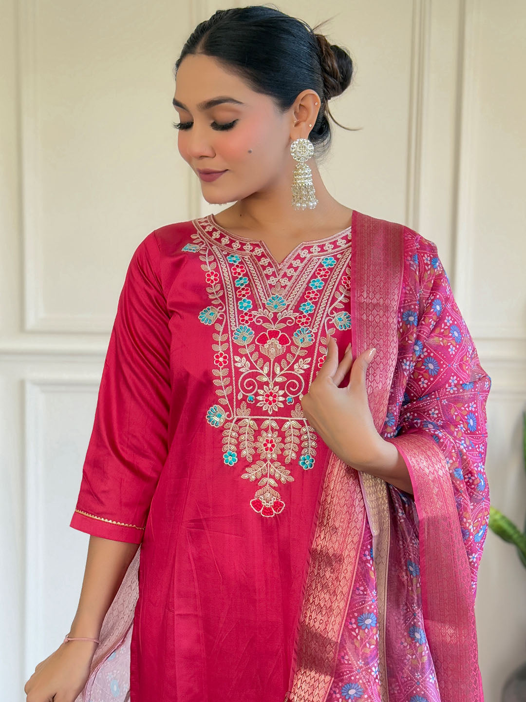 Pink Colour Embroidered Chanderi Kurta Set