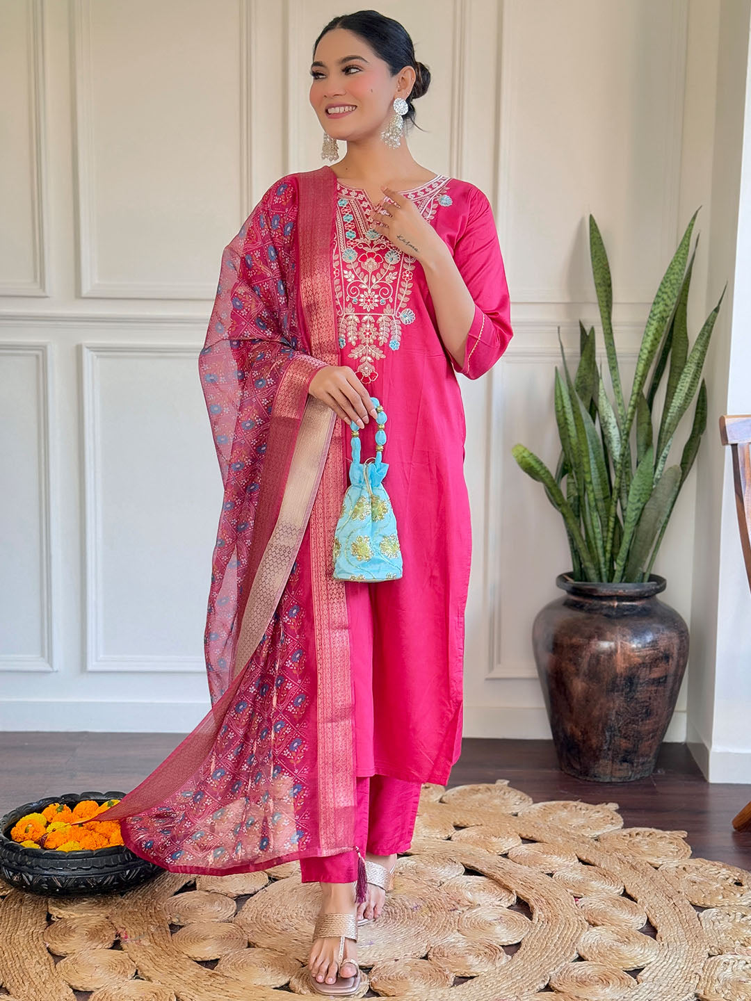 Pink Colour Embroidered Chanderi Kurta Set