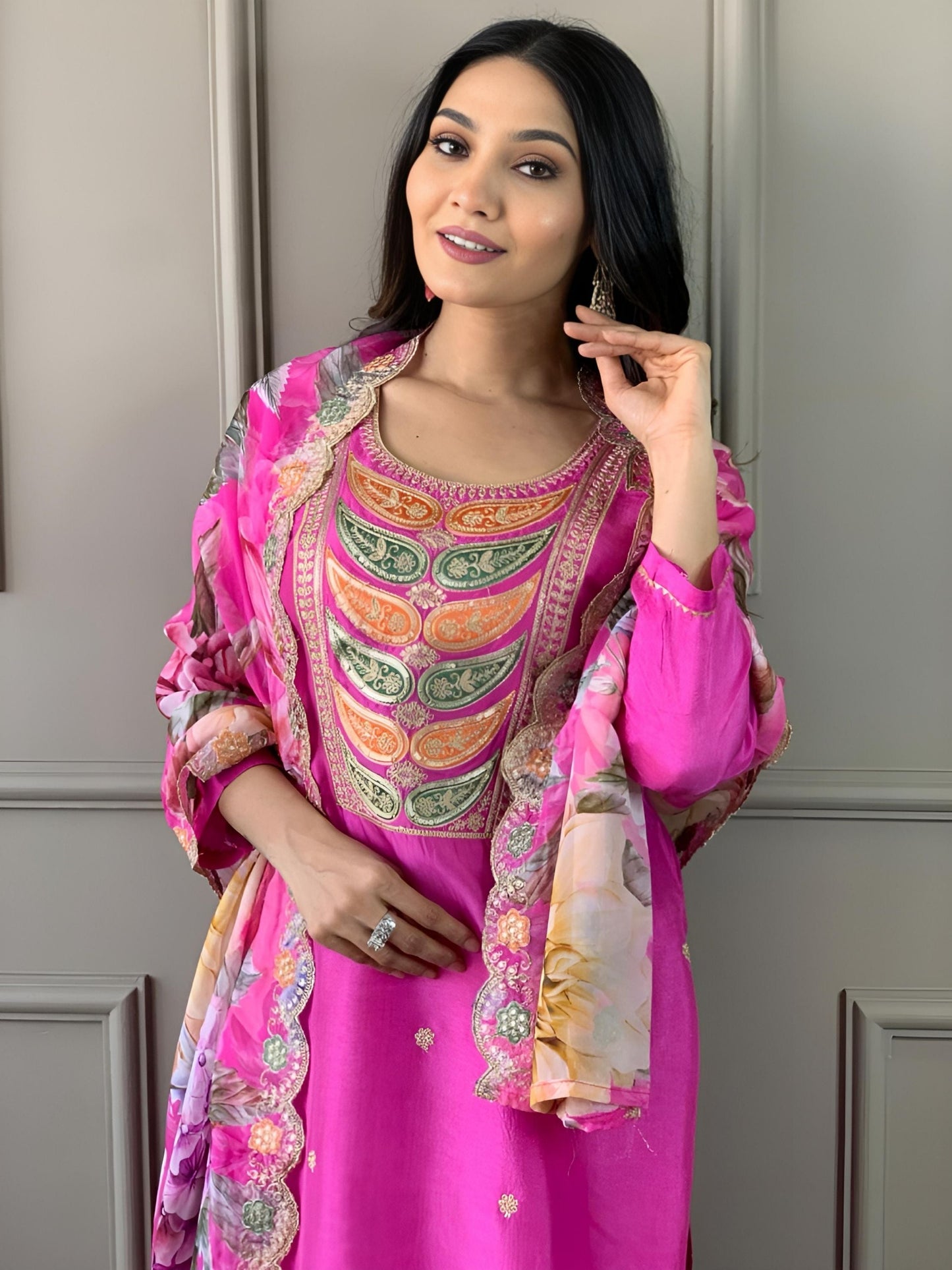 Chanderi Viscose Paisley Embroidered Kurta Set