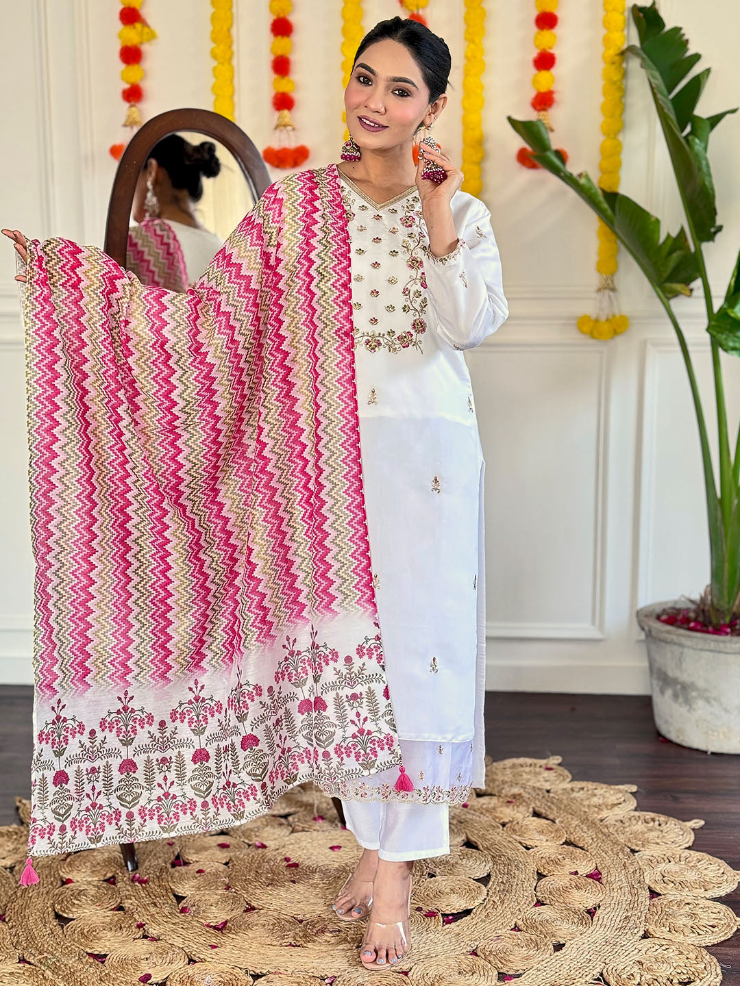 Viscose Chanderi Embroidered Kurta Set