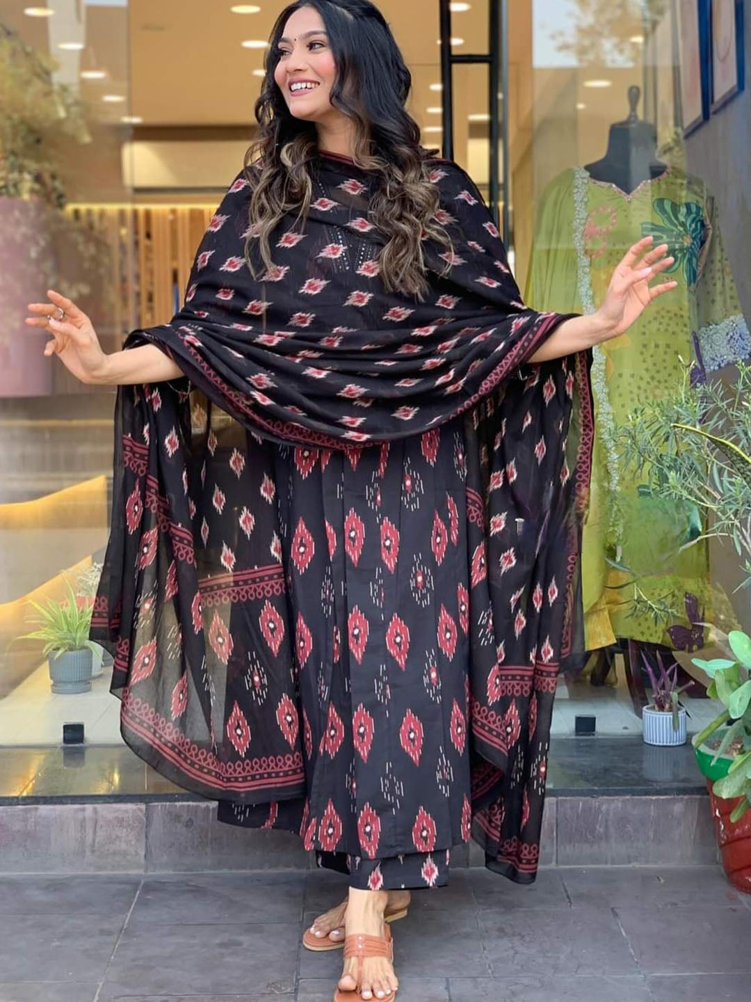 Black Colour Cotton Blend Lace Work Printed Kurta With Bottom & Dupatta Set