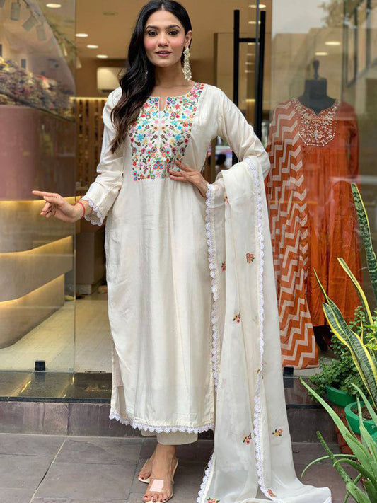 Off-White Embroidered Pure Chanderi Kurta set