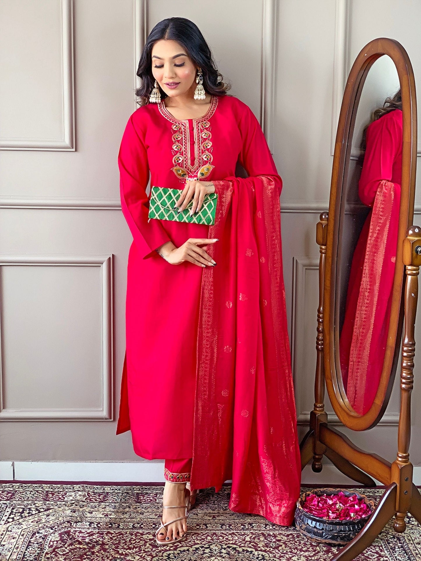 Chanderi Viscose Embroidered Kurta Set