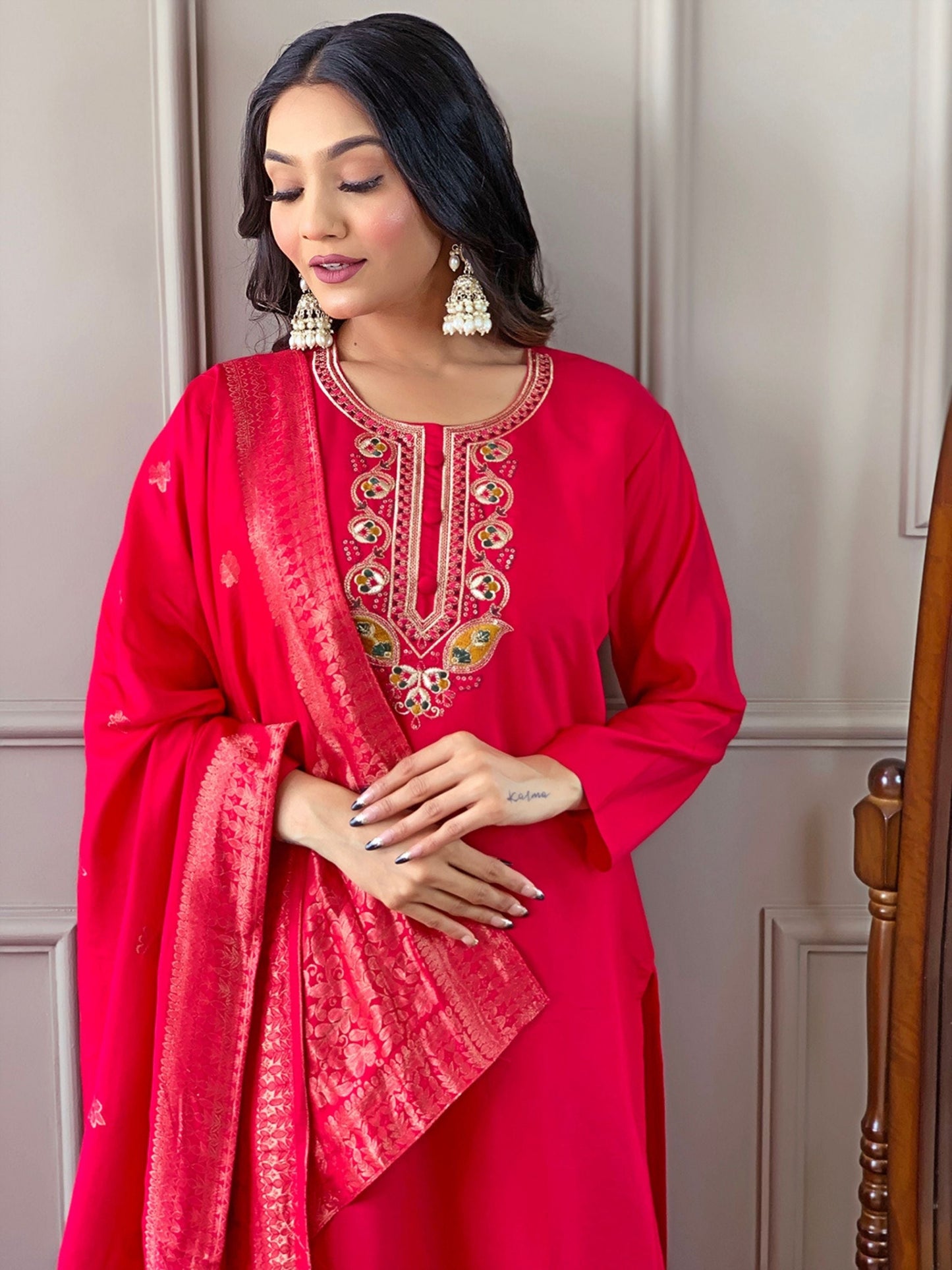 Chanderi Viscose Embroidered Kurta Set