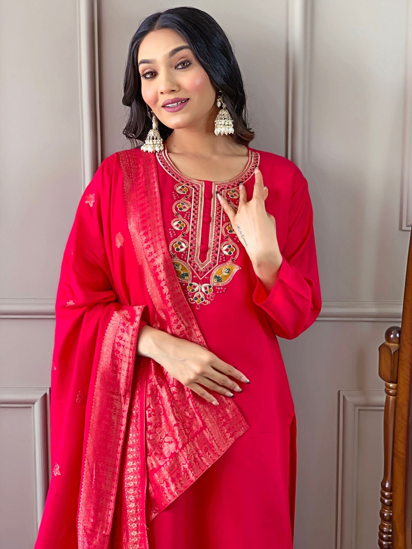 Chanderi Viscose Embroidered Kurta Set