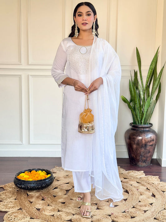 White Color Chanderi Kurta Set