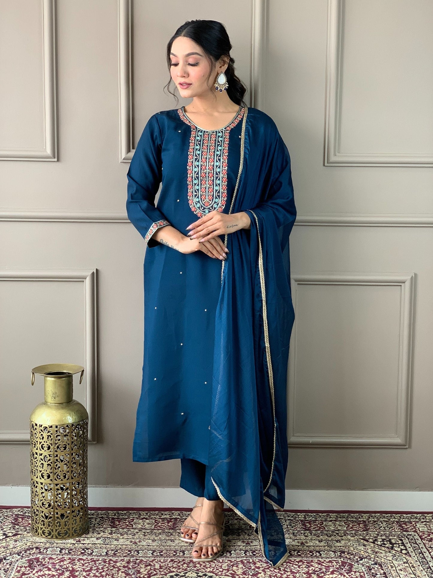 Teal Chanderi Viscose Round Neck Kurta Set