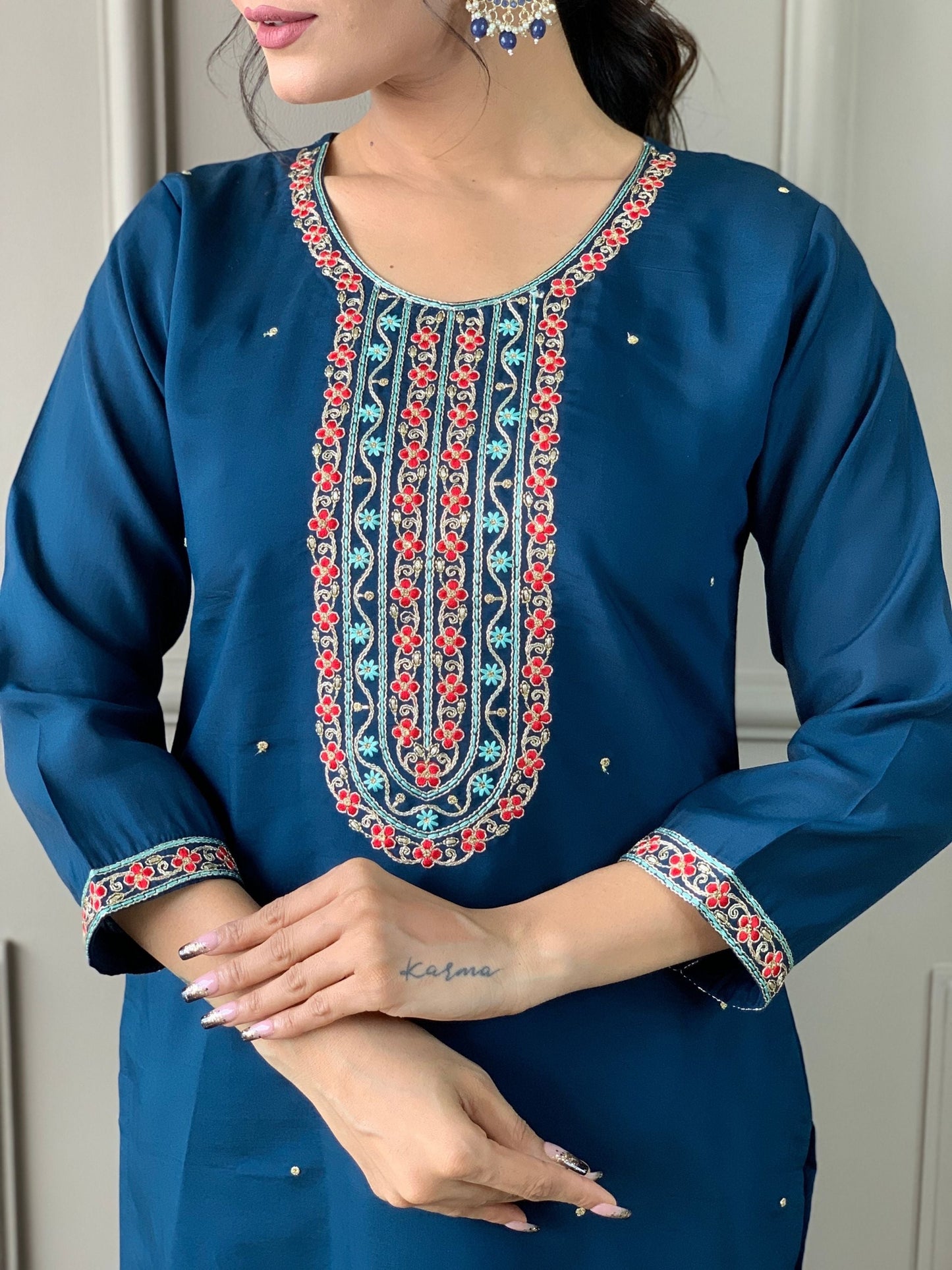 Teal Chanderi Viscose Round Neck Kurta Set