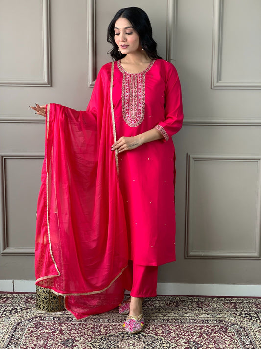 Viscose Round Neck Embroidered Kurta Set