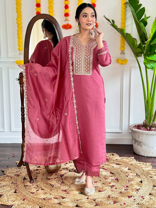 Viscose Chanderi Ethnic Embellished Kurta Set