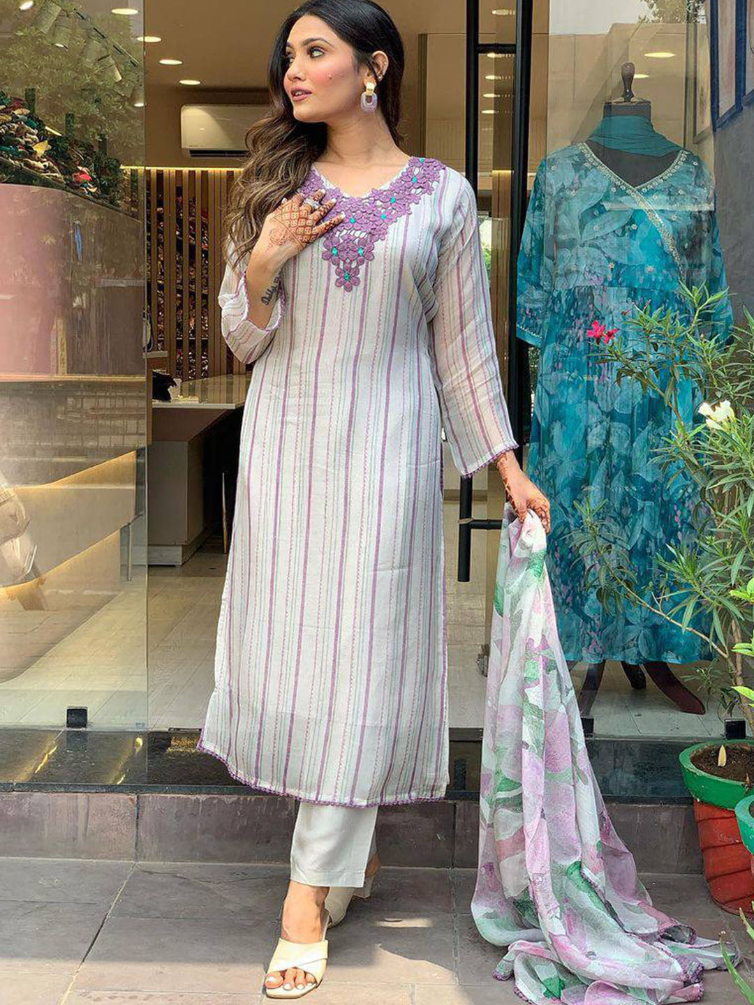 Tebby Silk Stripes Patch Kurta Set