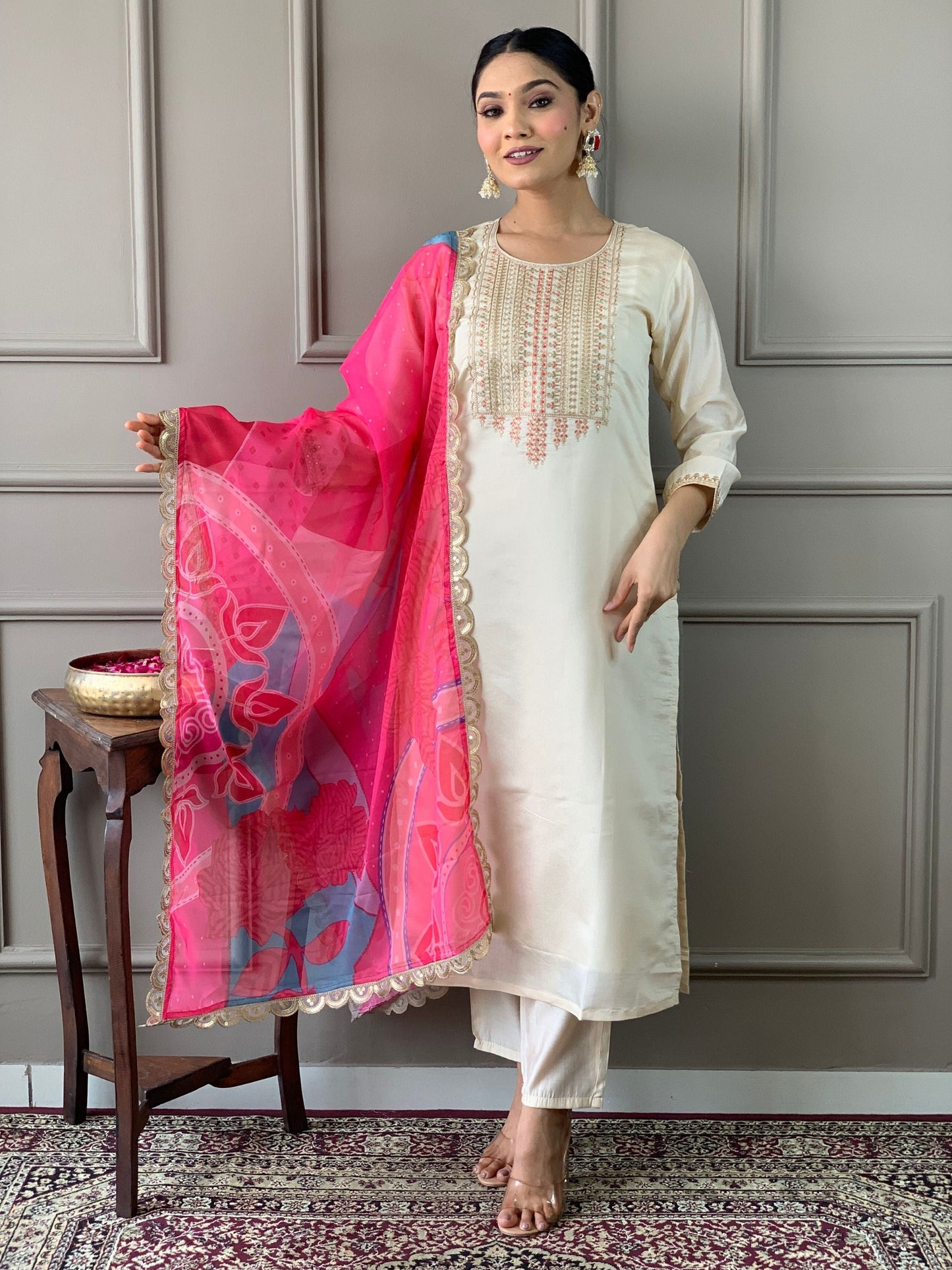 Chanderi Yoke Design Embroidered Kurta Set