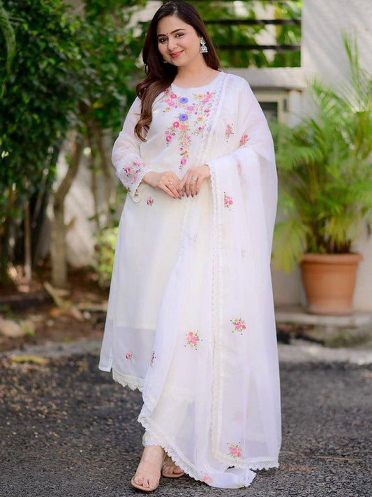 White Floral Embroidered Georgette Kurta Set