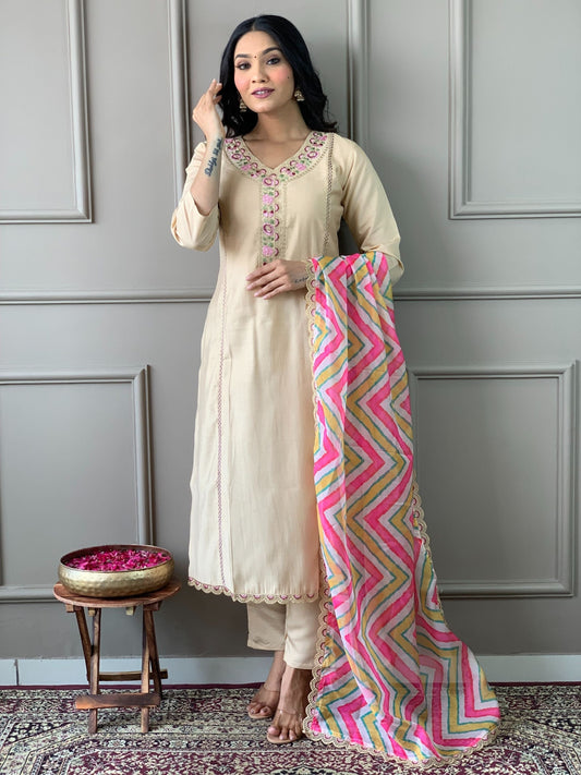 Chanderi Viscose Embroidered Kurta Set