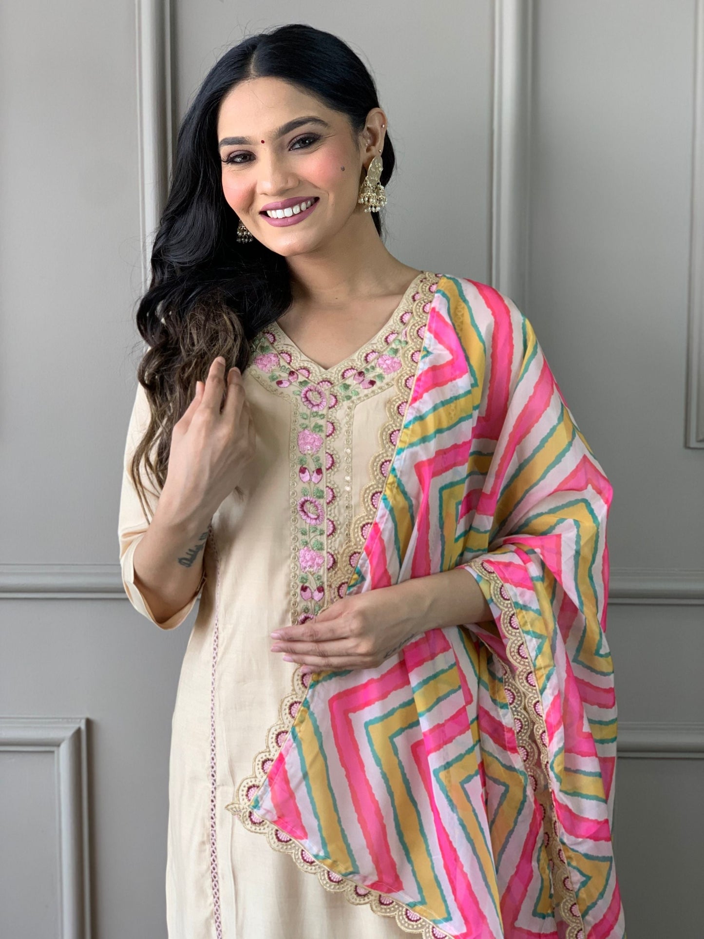 Chanderi Viscose Embroidered Kurta Set