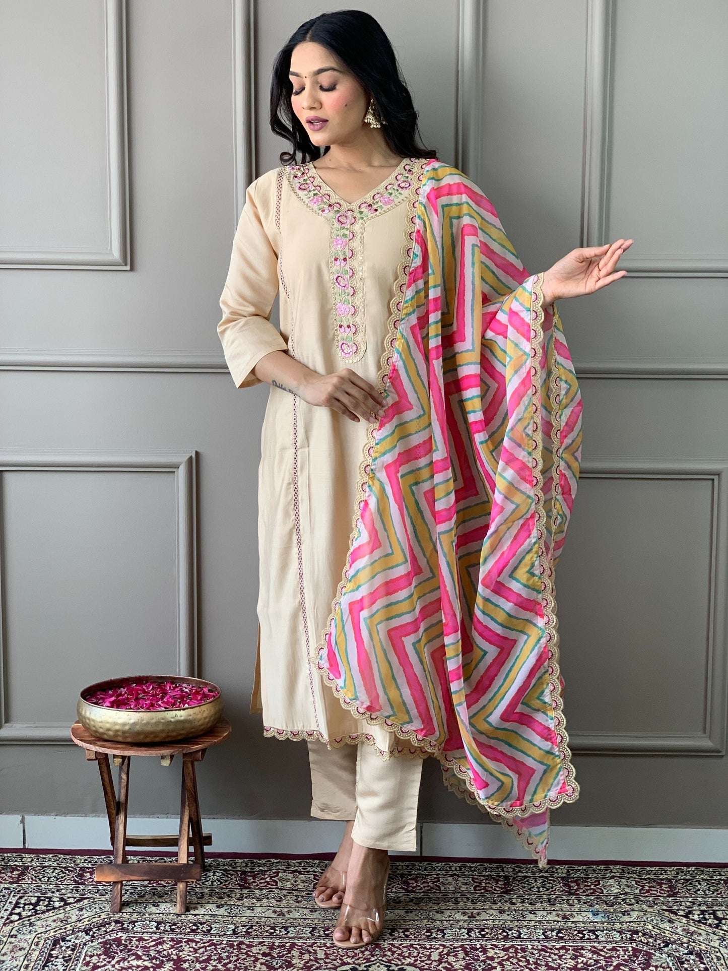 Chanderi Viscose Embroidered Kurta Set