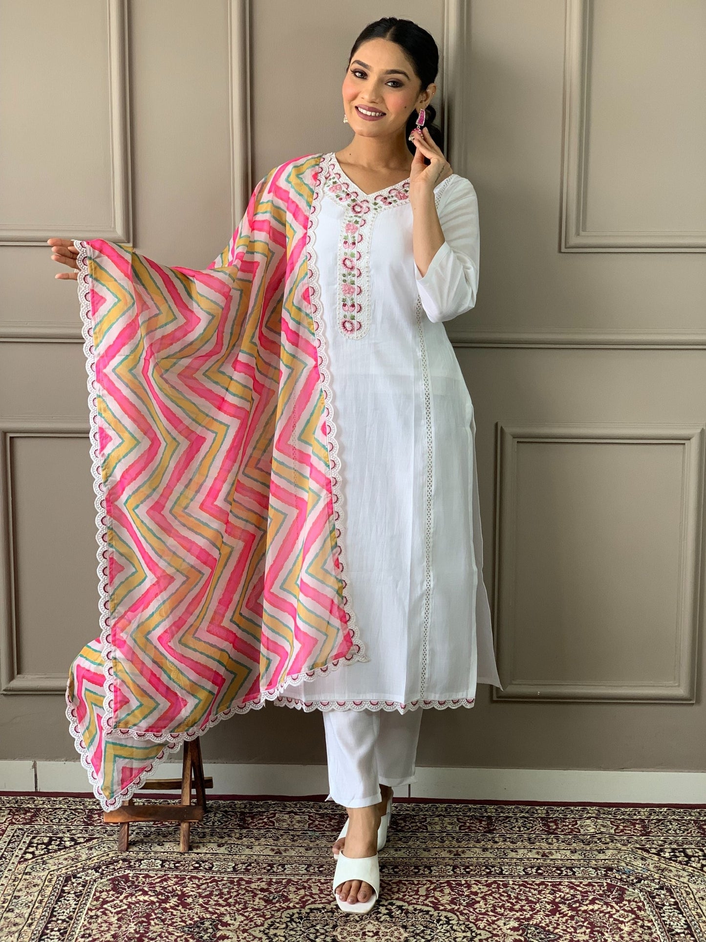 Chanderi Neck Line Embroidered Kurta Set