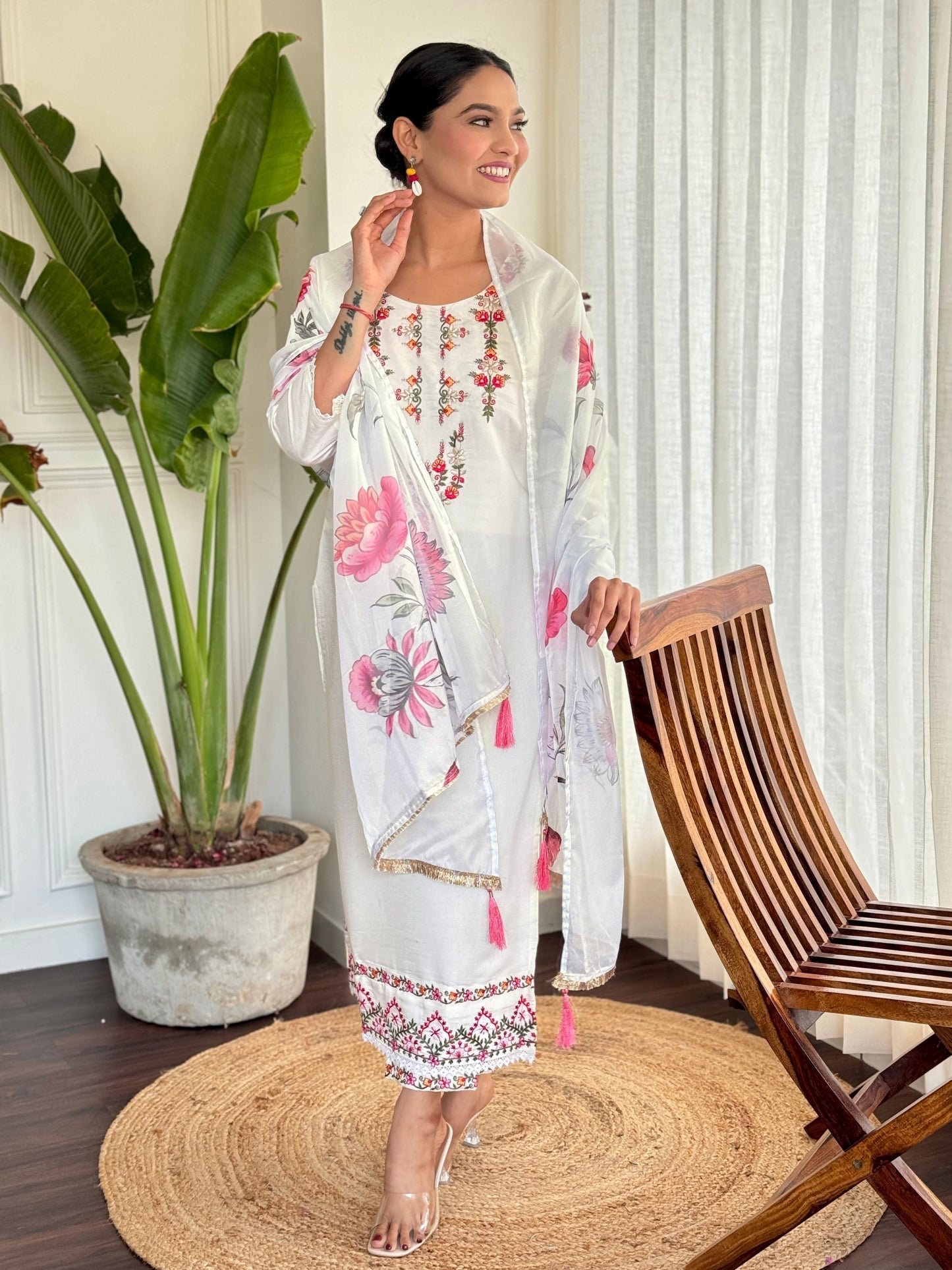 Chanderi Floral Kurta With Bottom & Dupatta Set