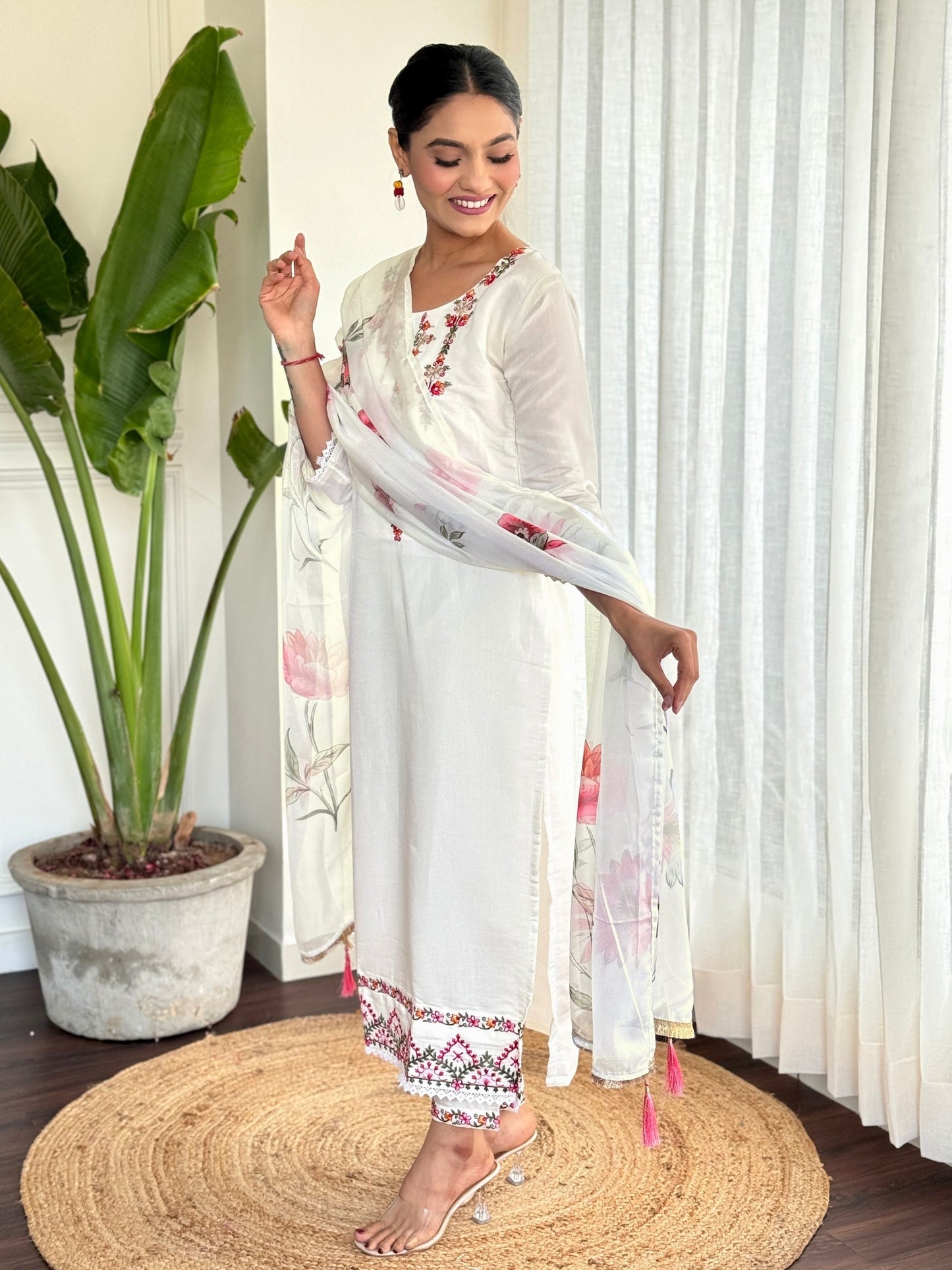 Chanderi Floral Kurta With Bottom & Dupatta Set