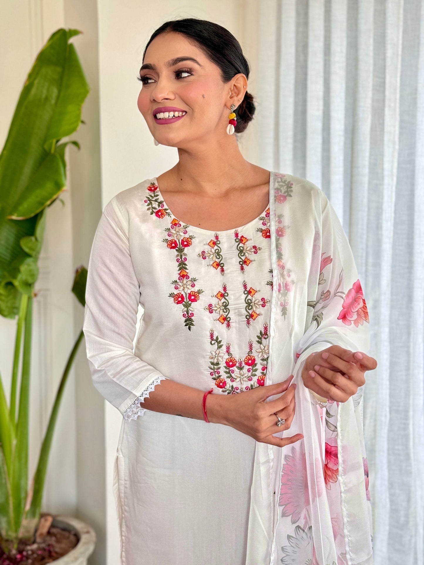 Chanderi Floral Kurta With Bottom & Dupatta Set