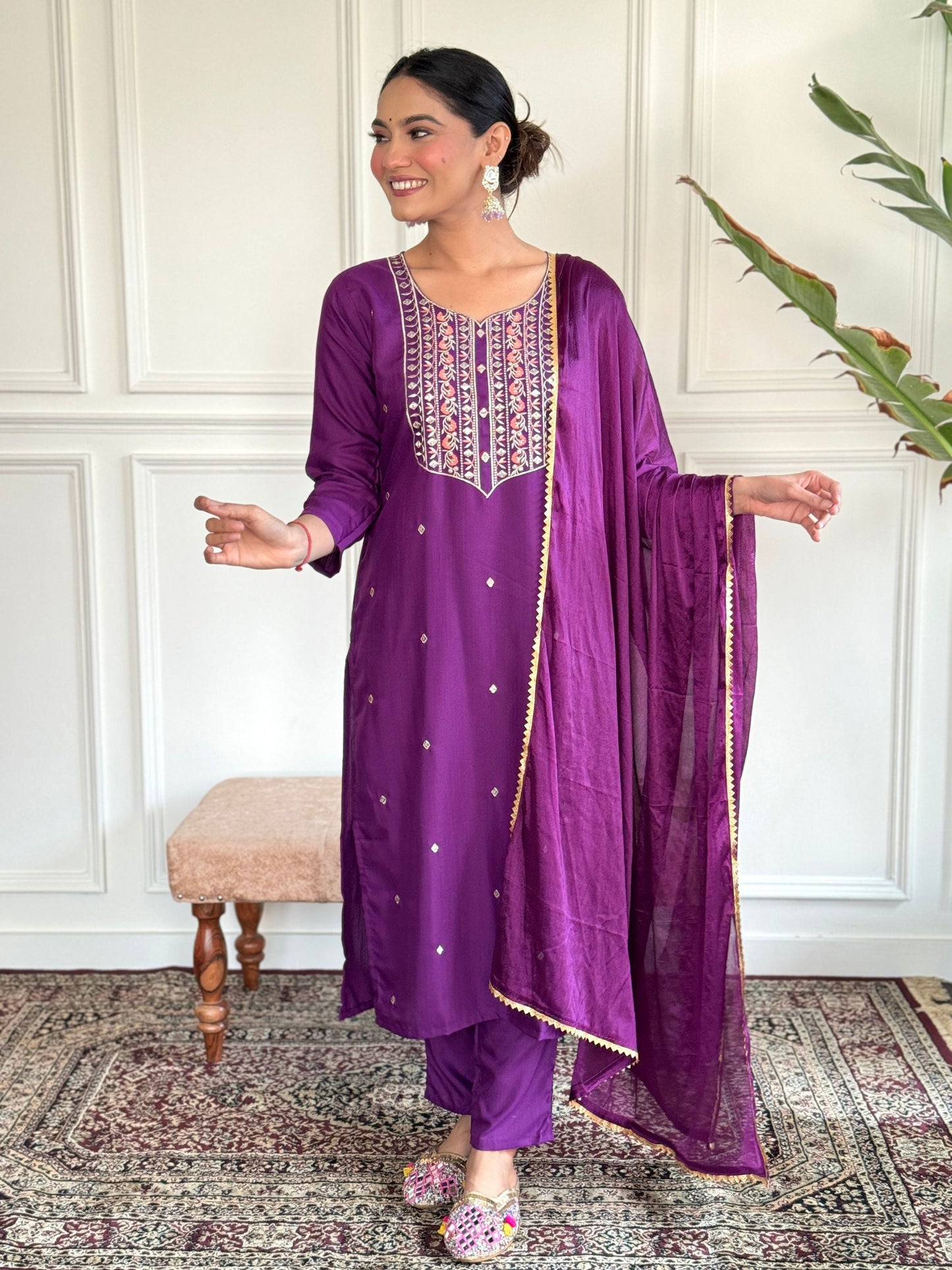 Purple Colour Rayon Embroidered Kurta Set