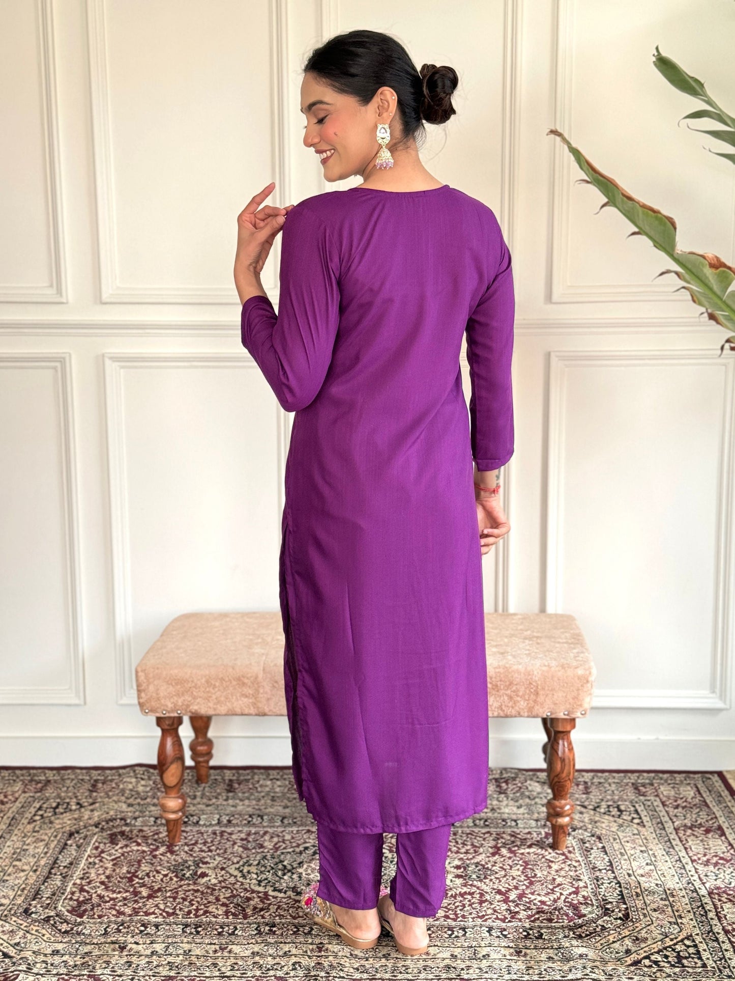 Purple Colour Rayon Embroidered Kurta Set