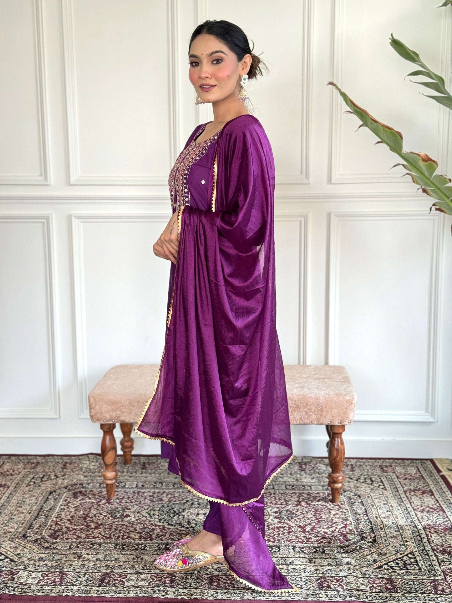 Purple Colour Rayon Embroidered Kurta Set