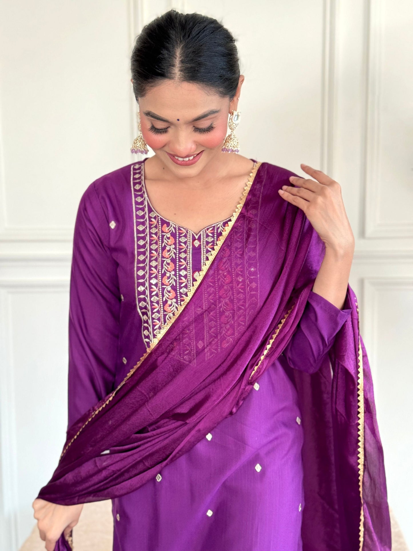 Purple Colour Rayon Embroidered Kurta Set