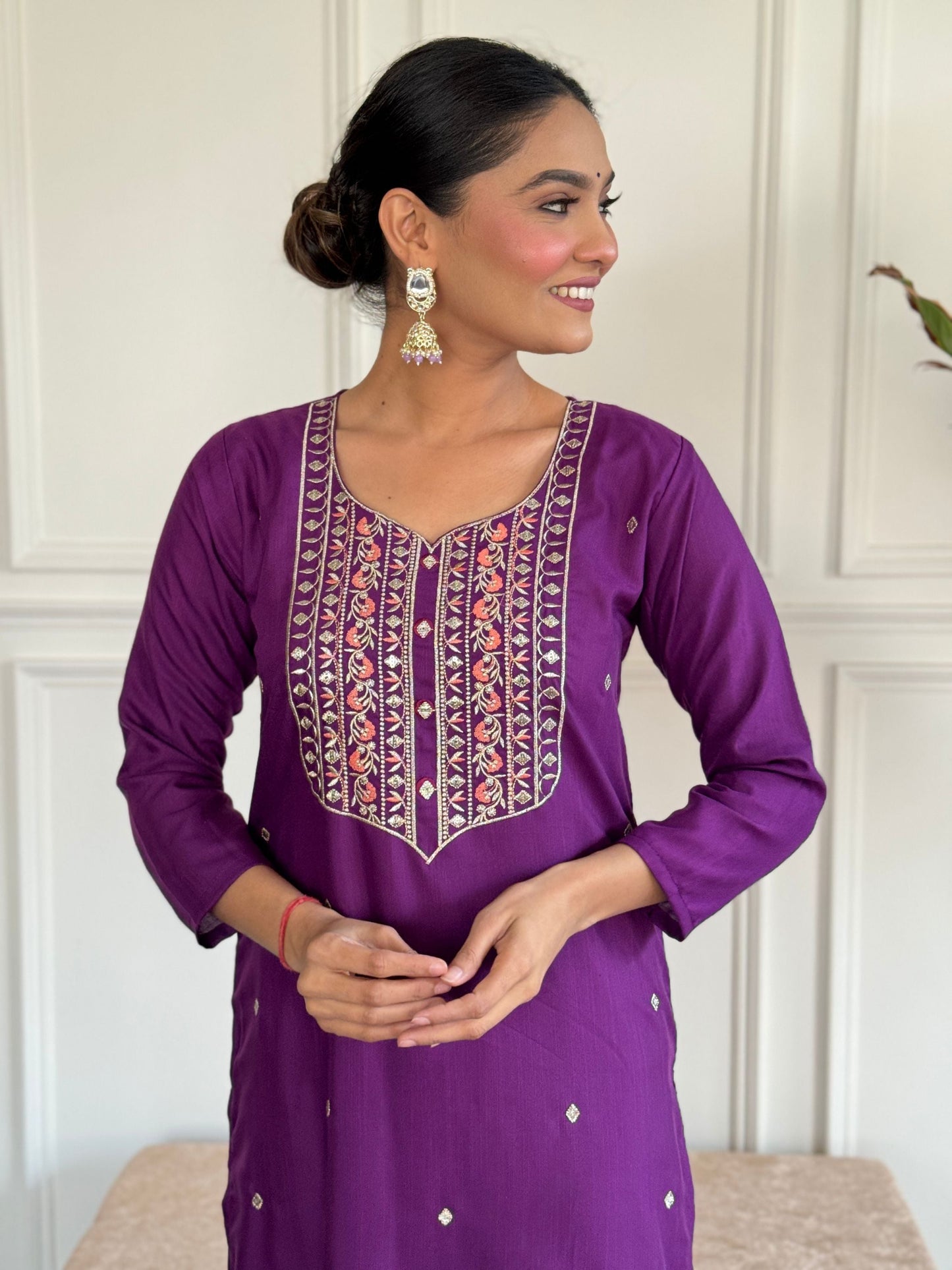 Purple Colour Rayon Embroidered Kurta Set