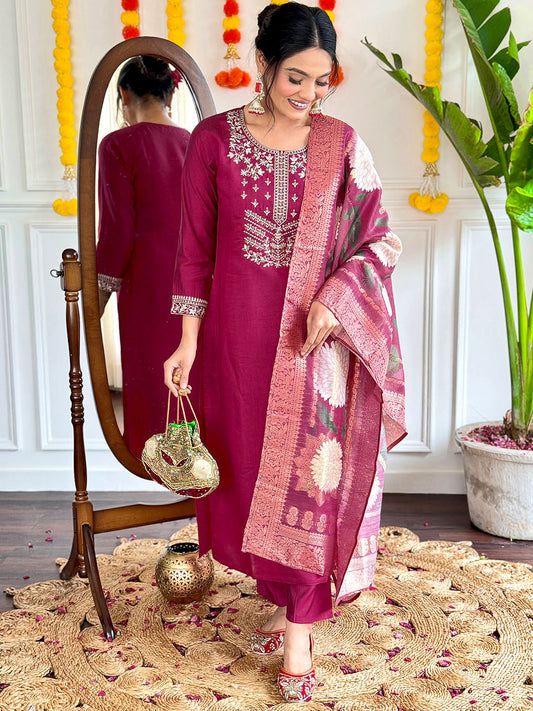 Maroon Color Viscose Chanderi kurta Set