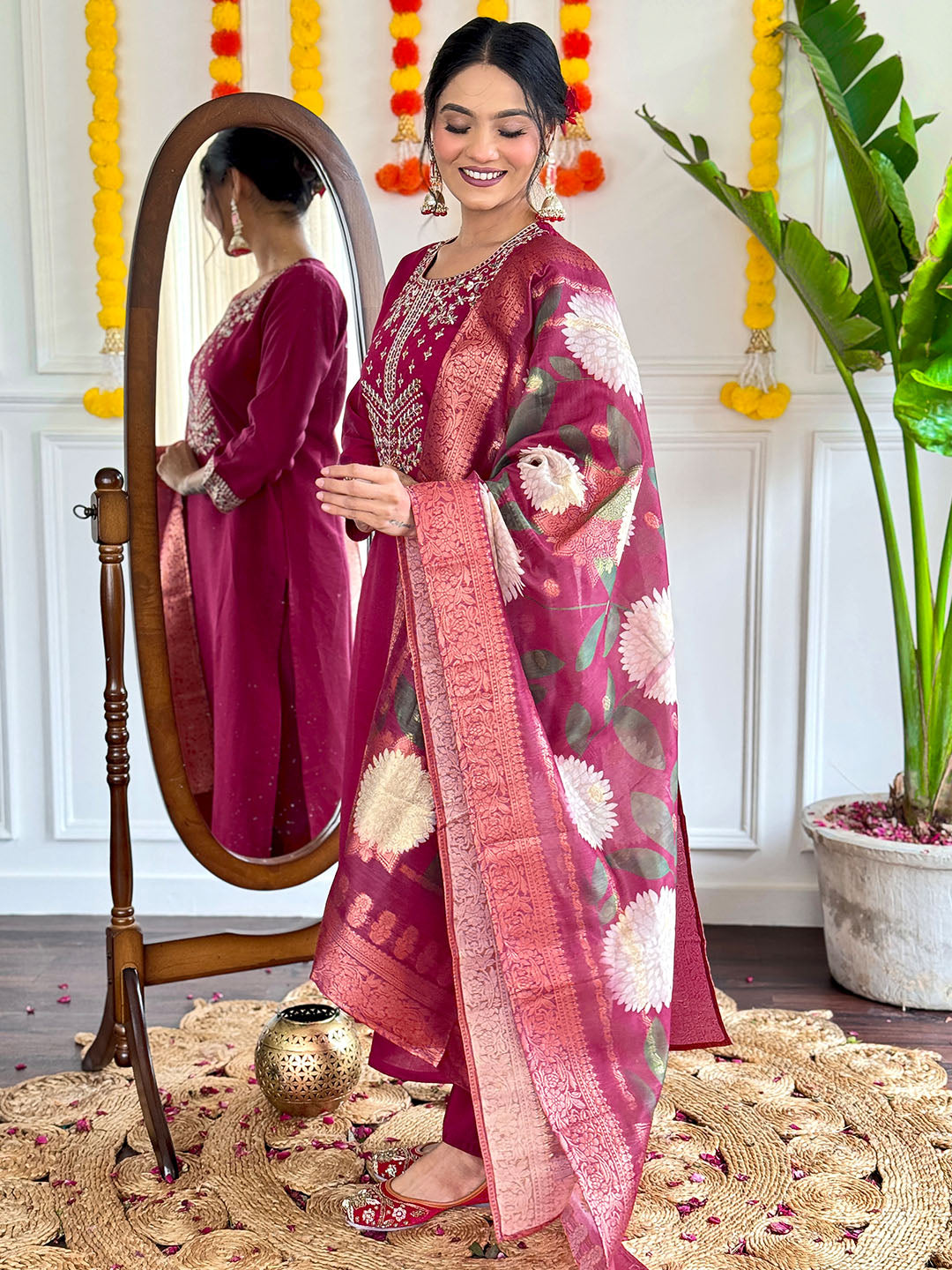 Maroon Color Viscose Chanderi kurta Set