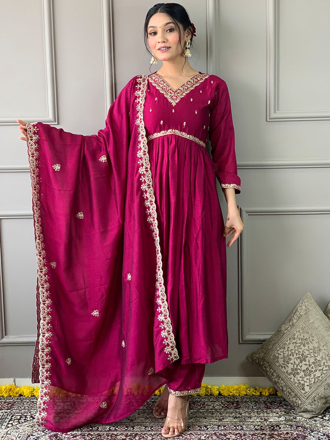 Wine Color Vichitra Silk Kurta Set