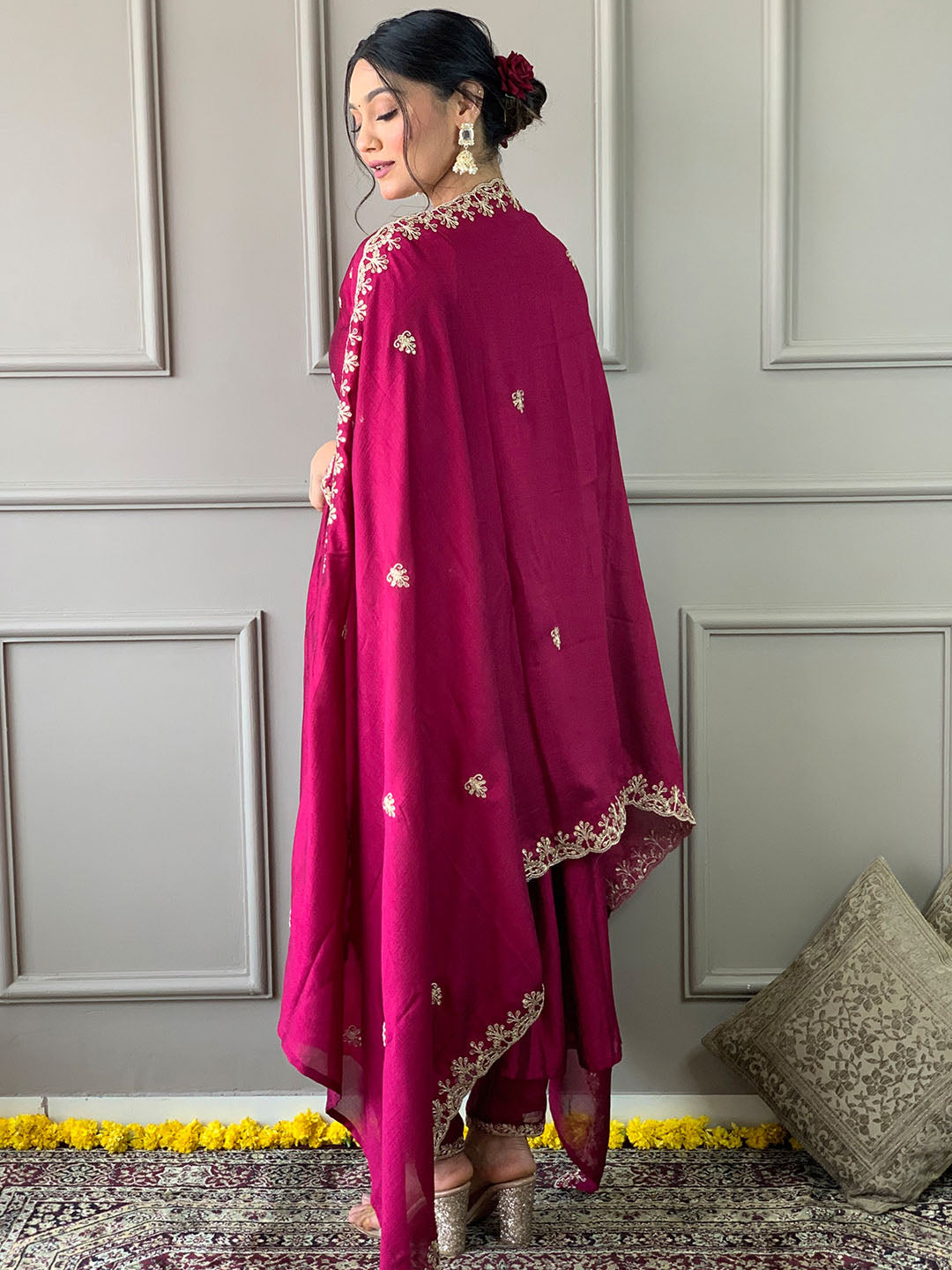 Wine Color Vichitra Silk Kurta Set