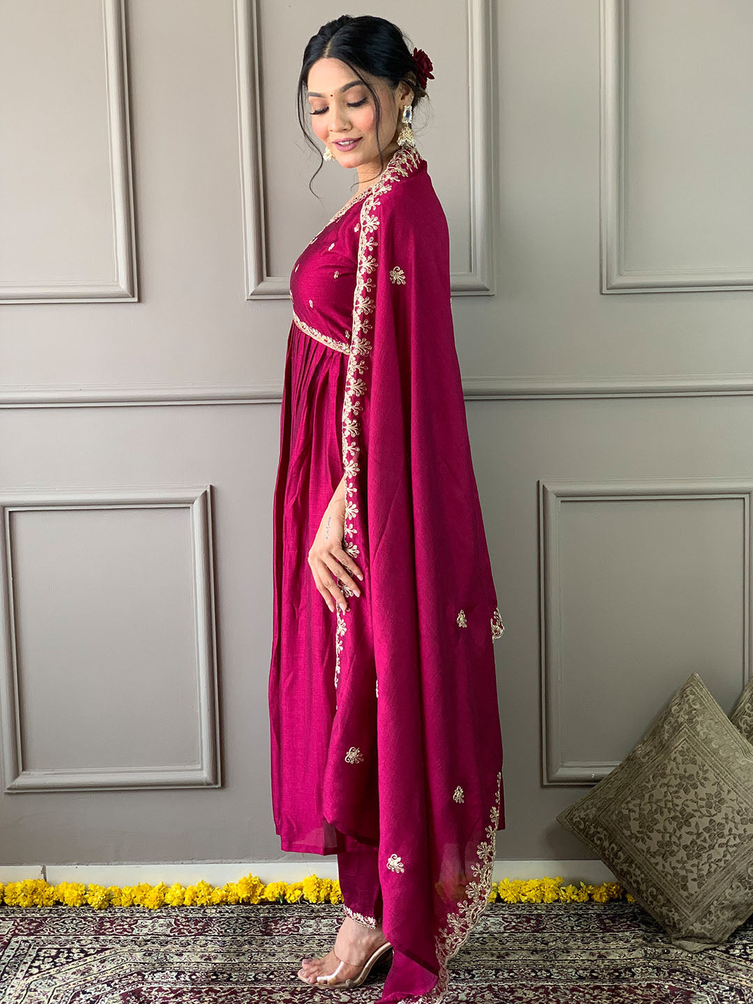 Wine Color Vichitra Silk Kurta Set