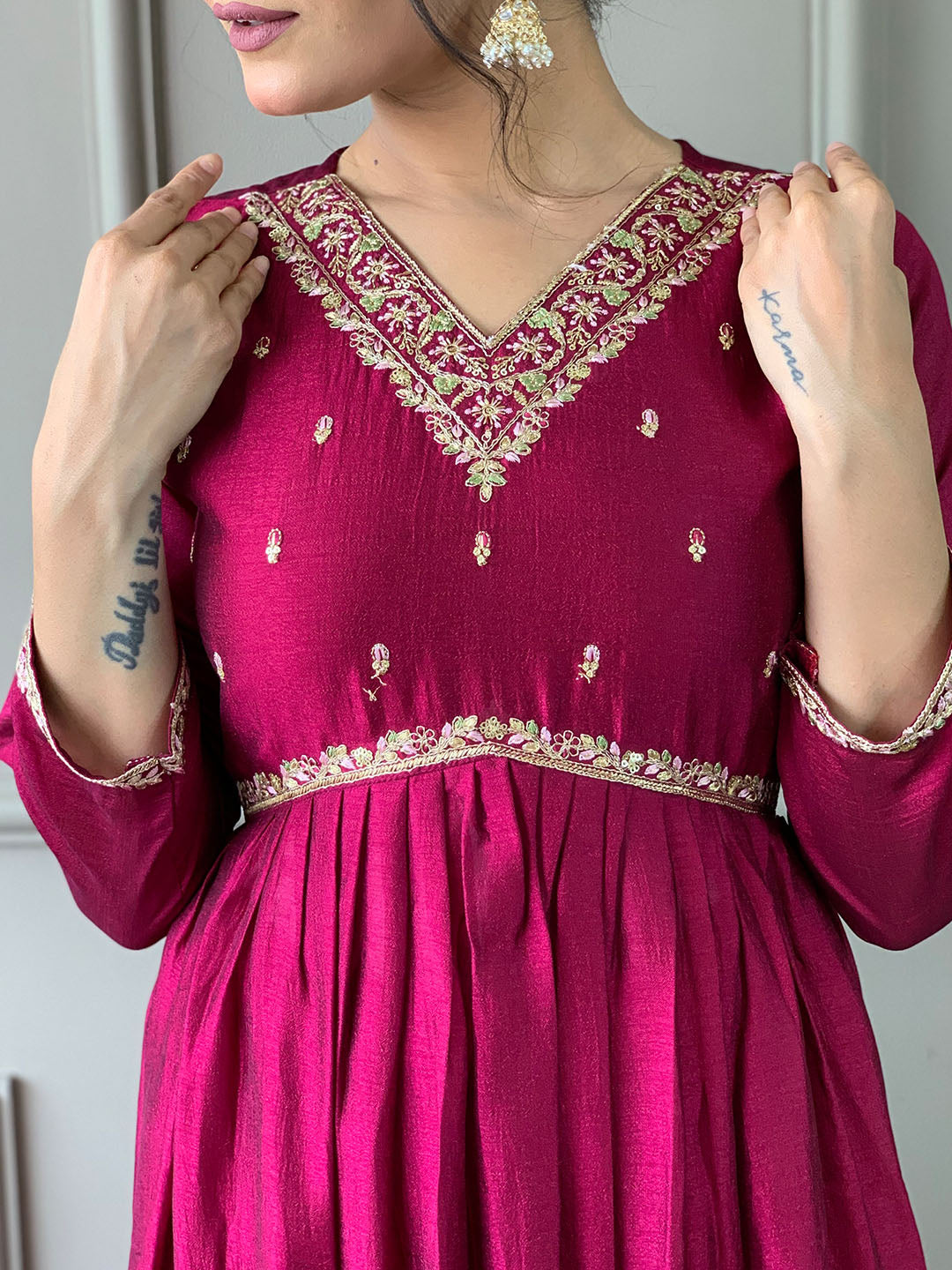 Wine Color Vichitra Silk Kurta Set