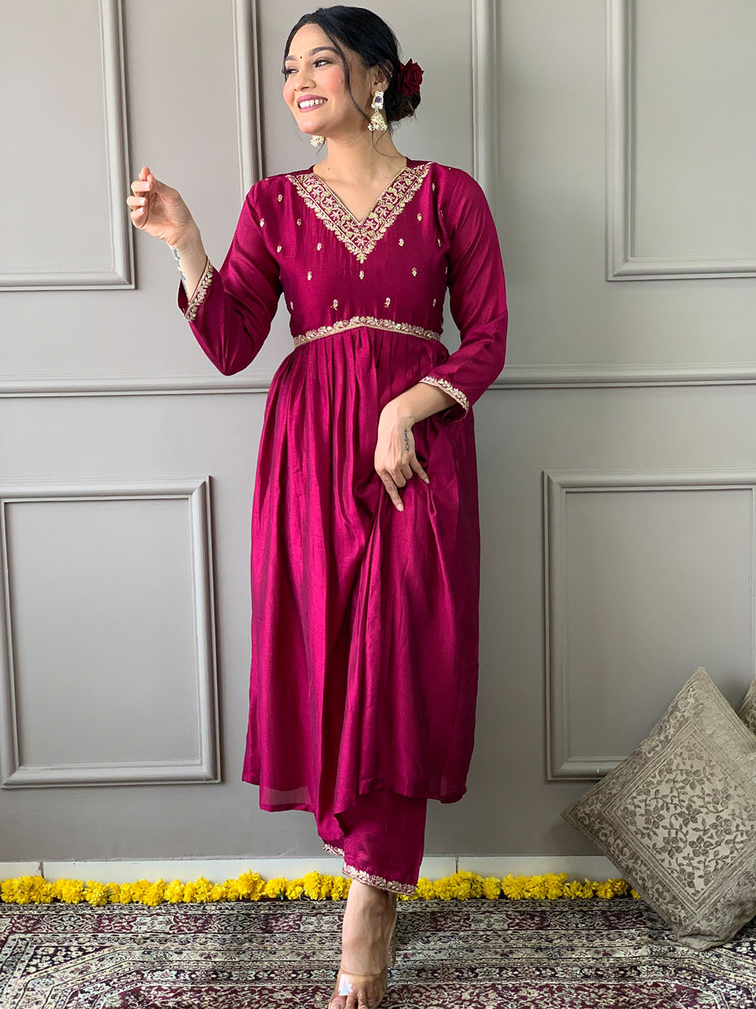 Wine Color Vichitra Silk Kurta Set