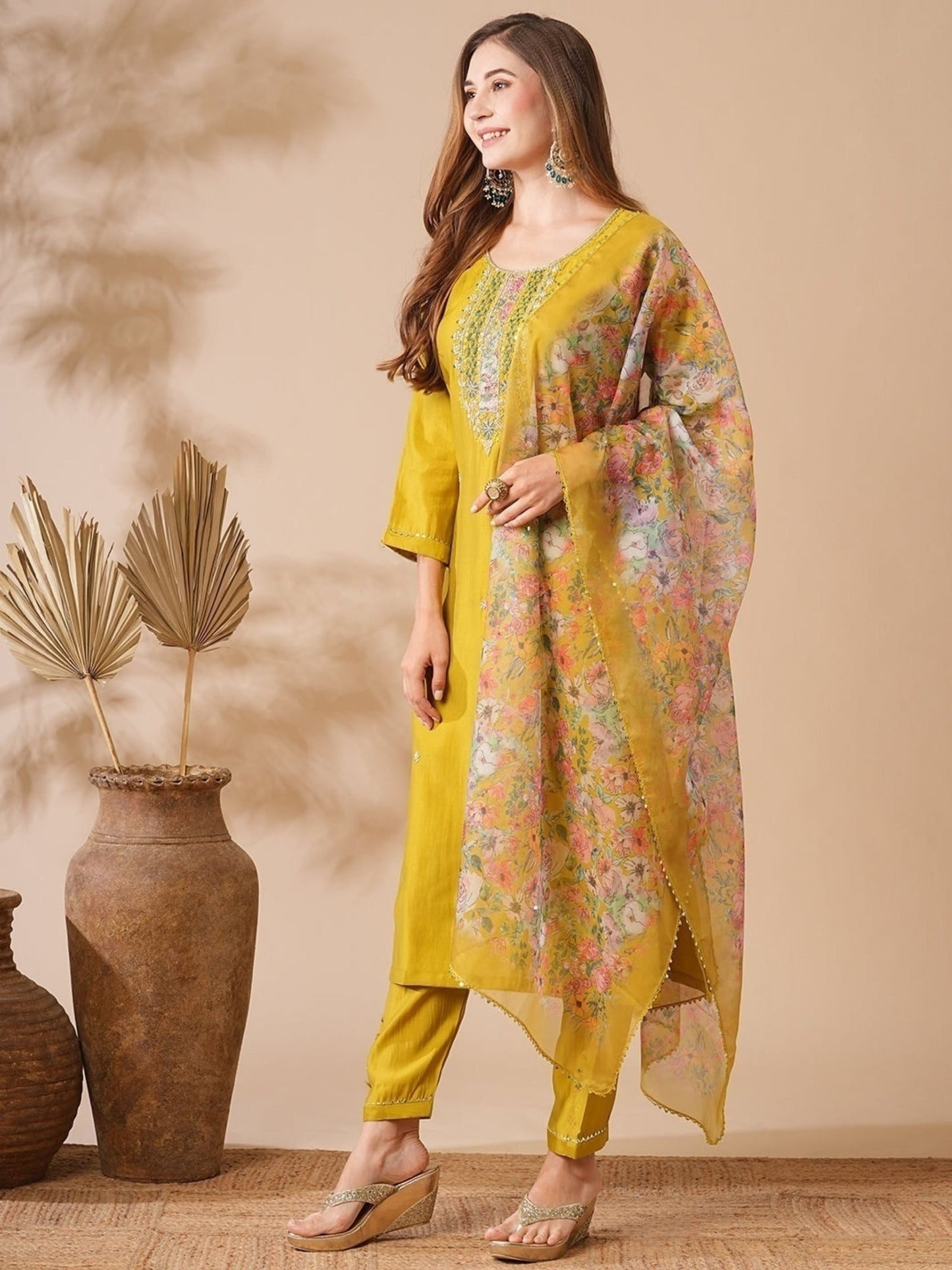 Chanderi Embellished Kurta With Dupatta Set