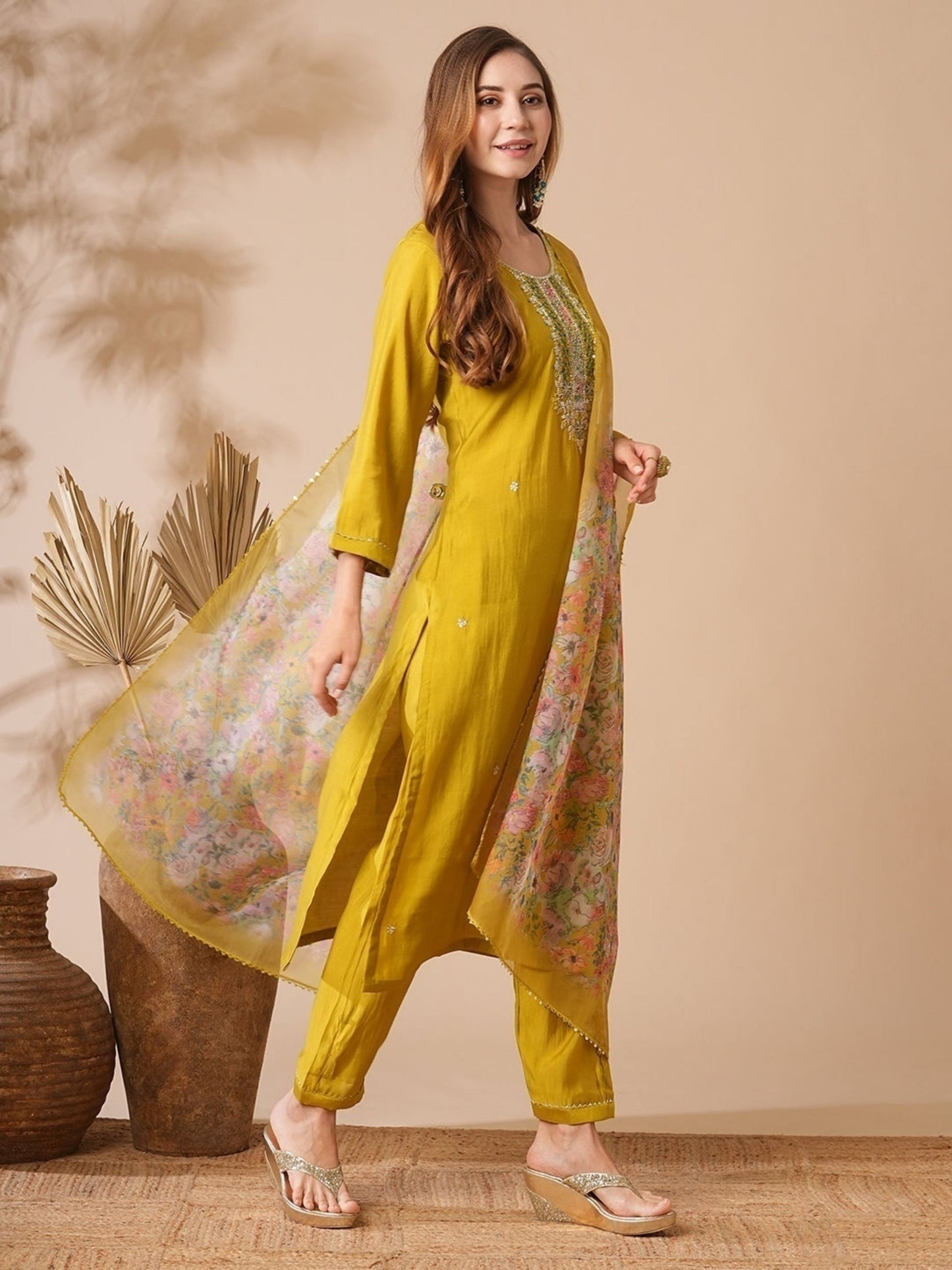 Chanderi Embellished Kurta With Dupatta Set