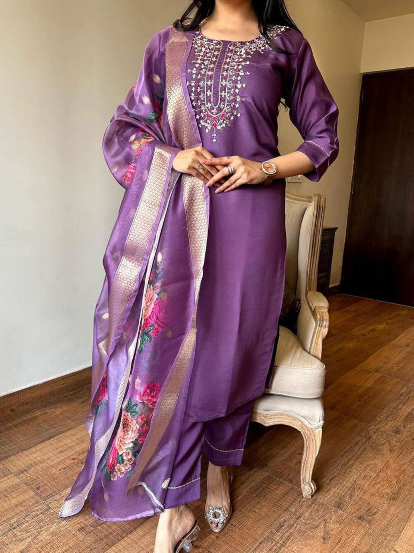 Chanderi Viscose Floral Embroidered Ethnic Set