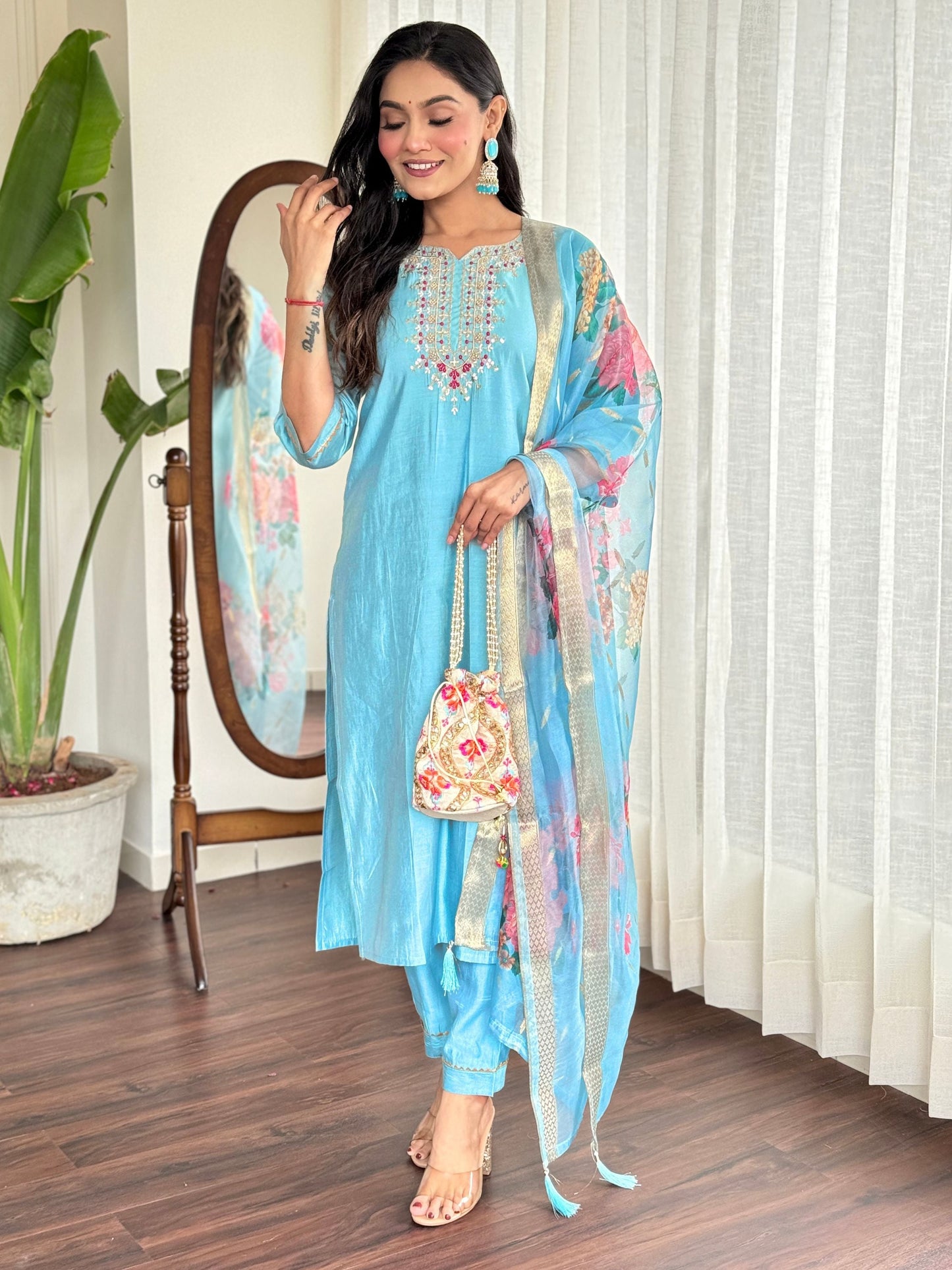 Chanderi Viscose Floral Ethnic Set