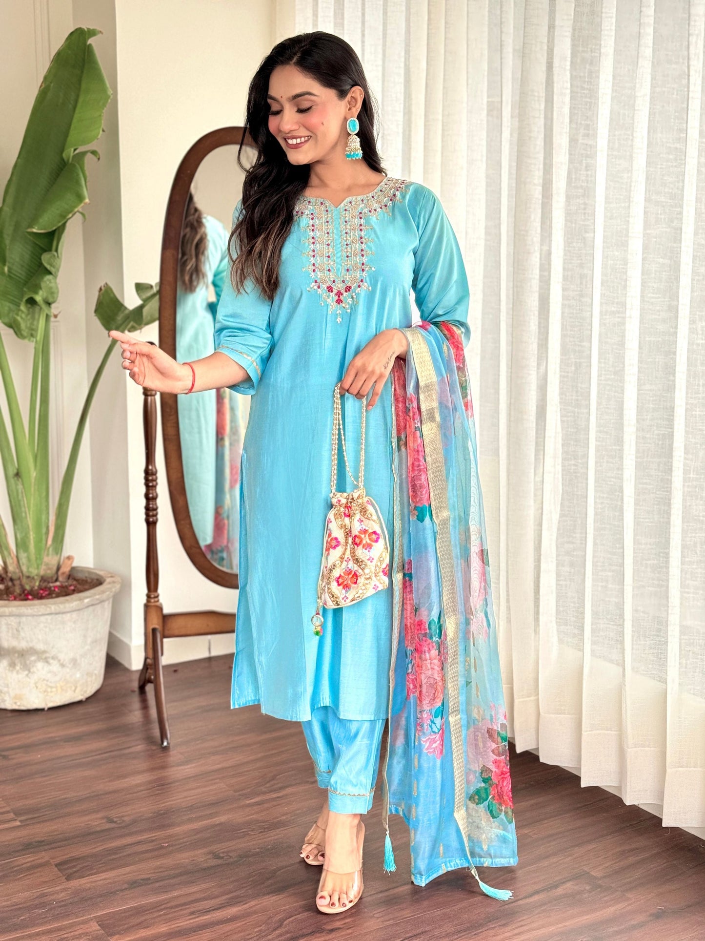 Chanderi Viscose Floral Ethnic Set