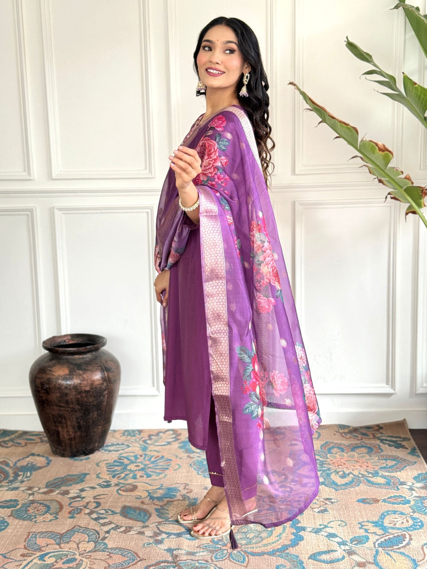 Chanderi Viscose Floral Embroidered Ethnic Set