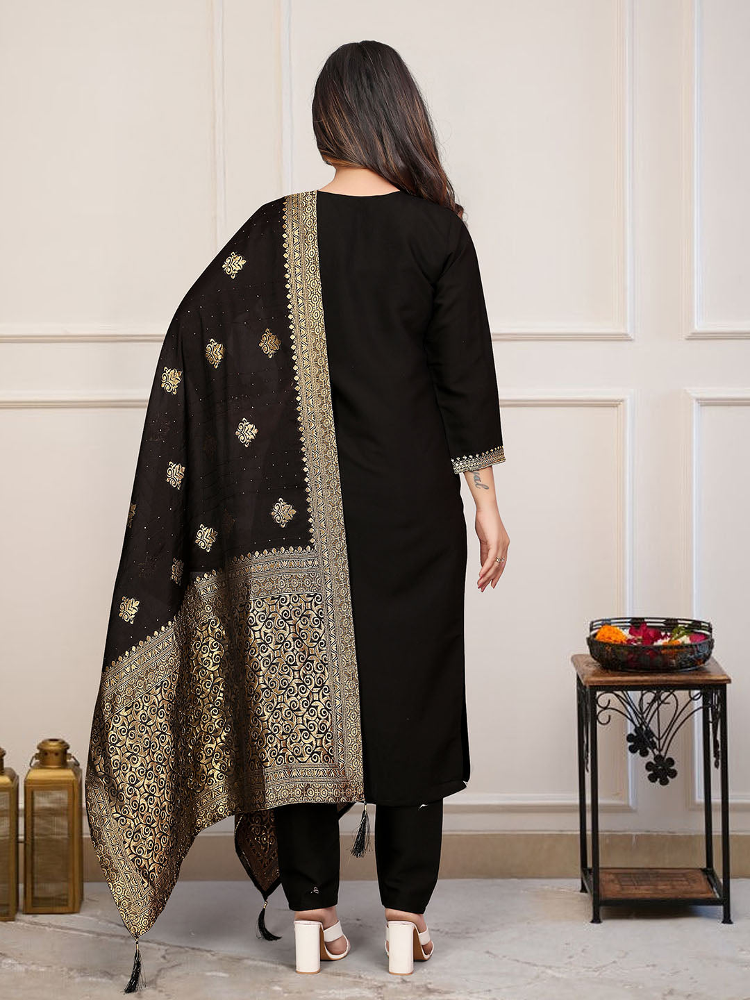 Black Embroidered Chanderi Silk Kurta Set