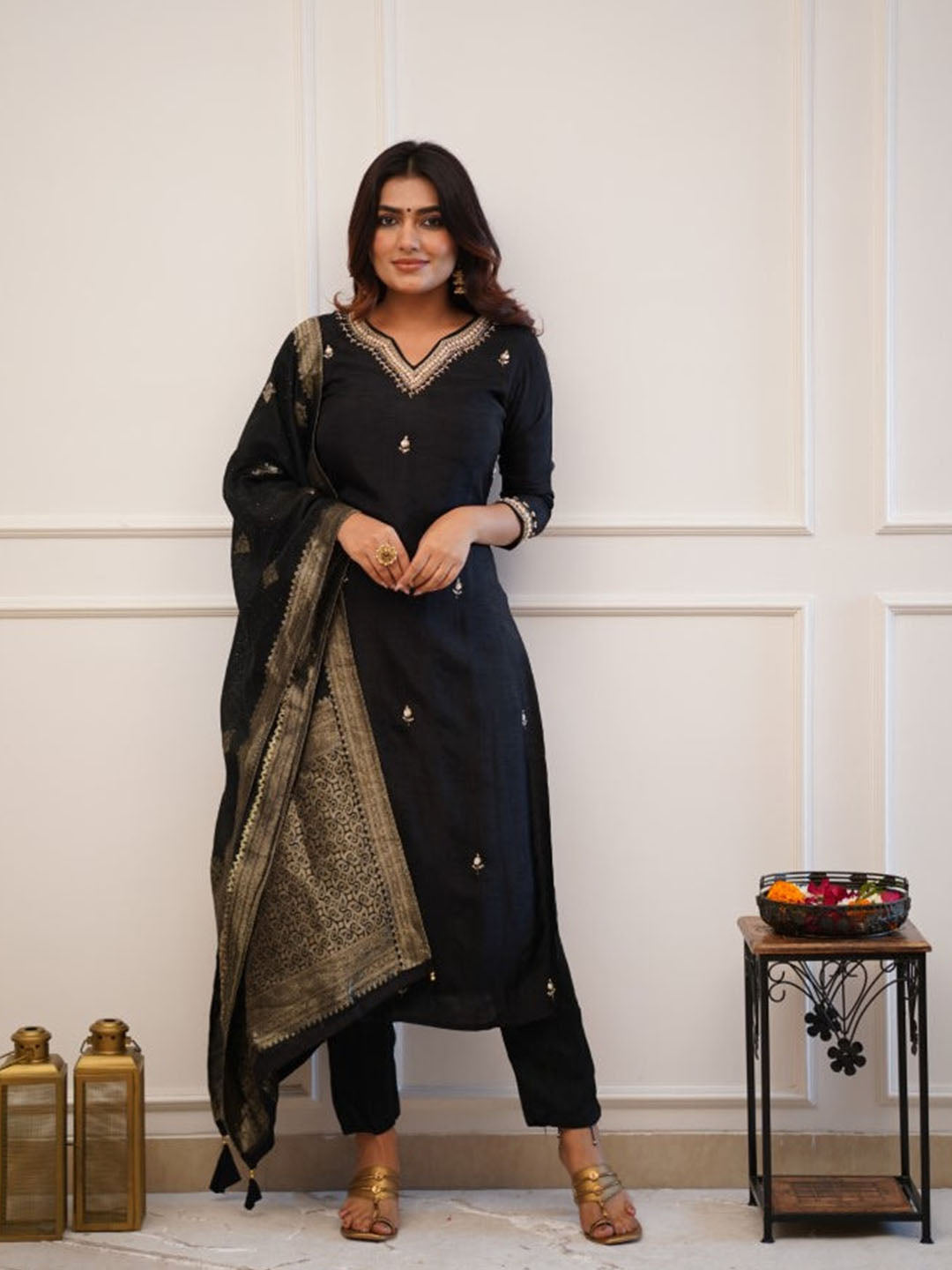 Black Embroidered Chanderi Silk Kurta Set