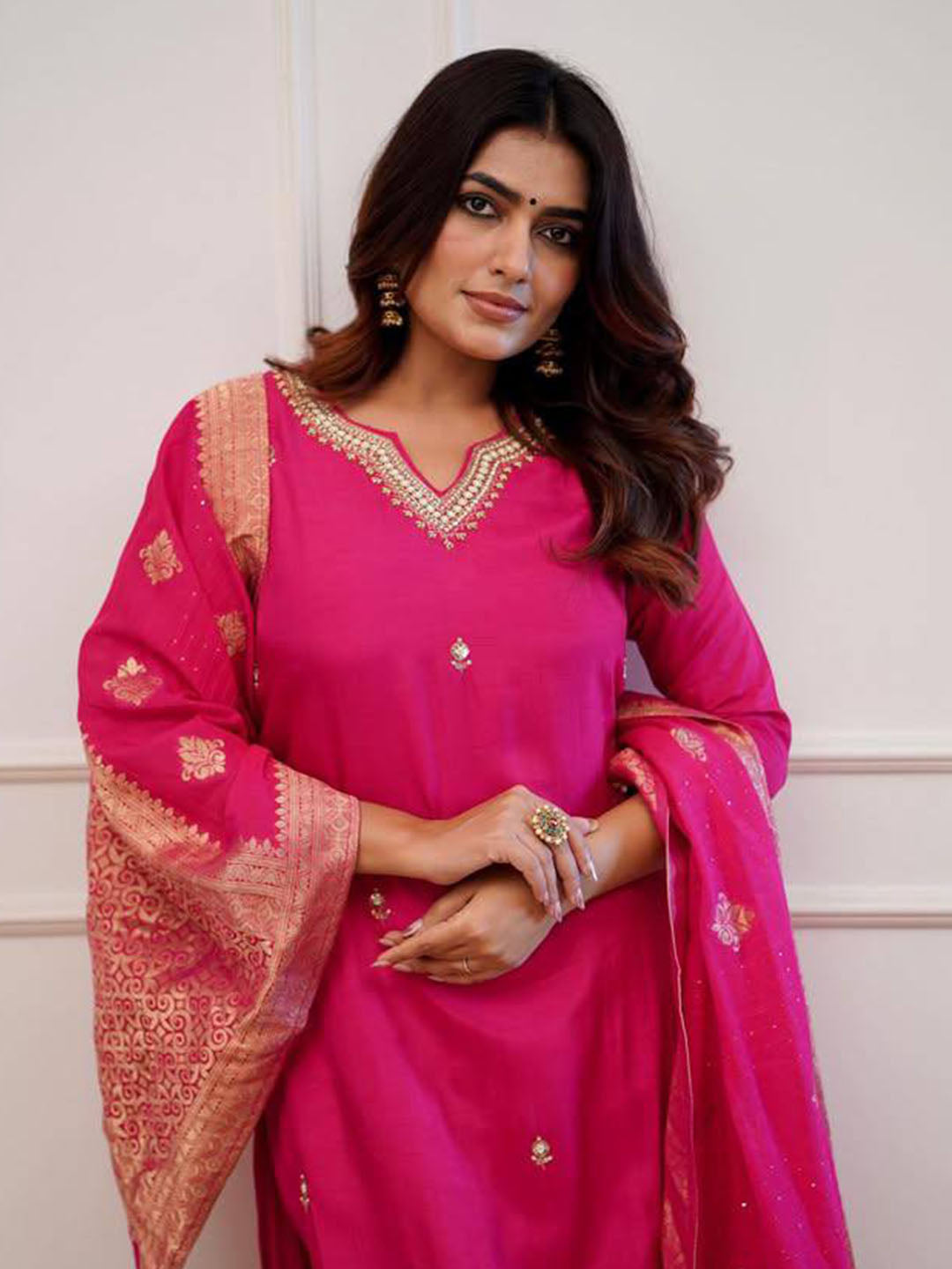 Pink Color Embroidered Chanderi Silk kurta set