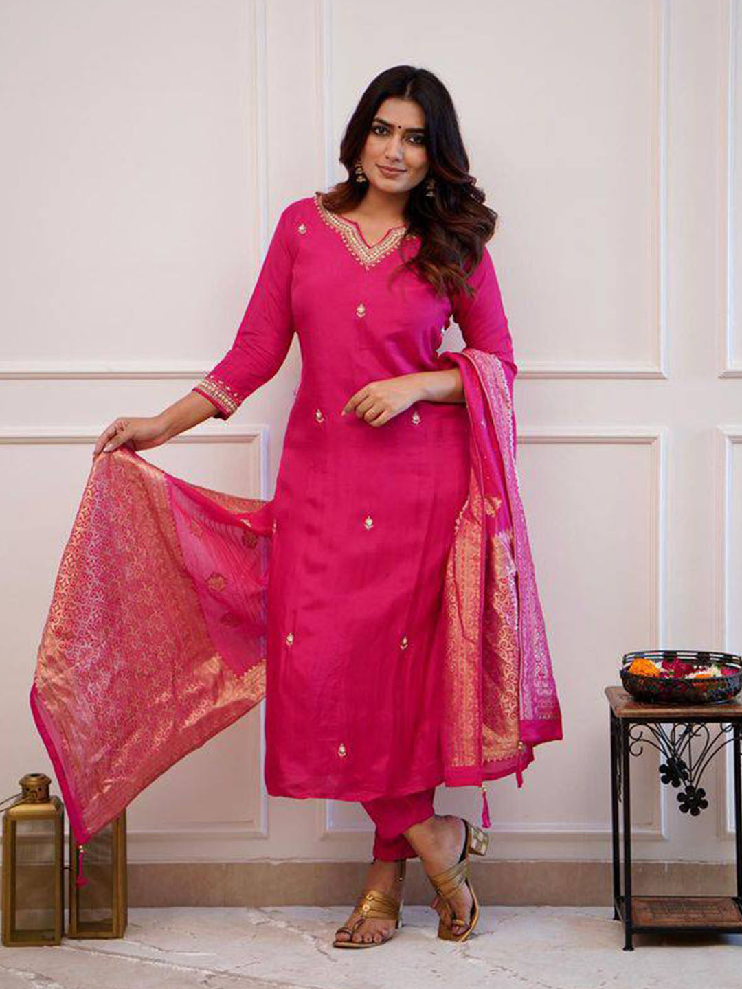 Pink Color Embroidered Chanderi Silk kurta set