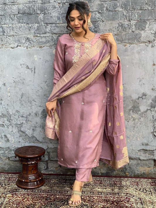 Viscose Chanderi Floral Embellished Kurta Set