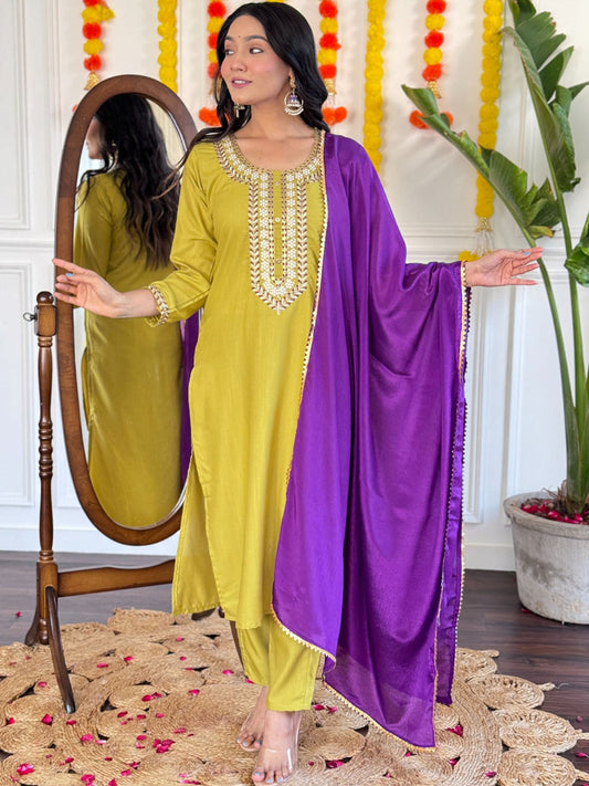 Rayon Slub Embroidered Kurta Set