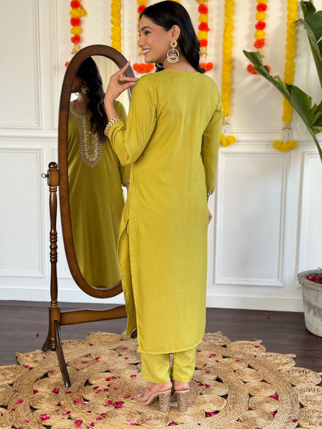 Rayon Slub Embroidered Kurta Set