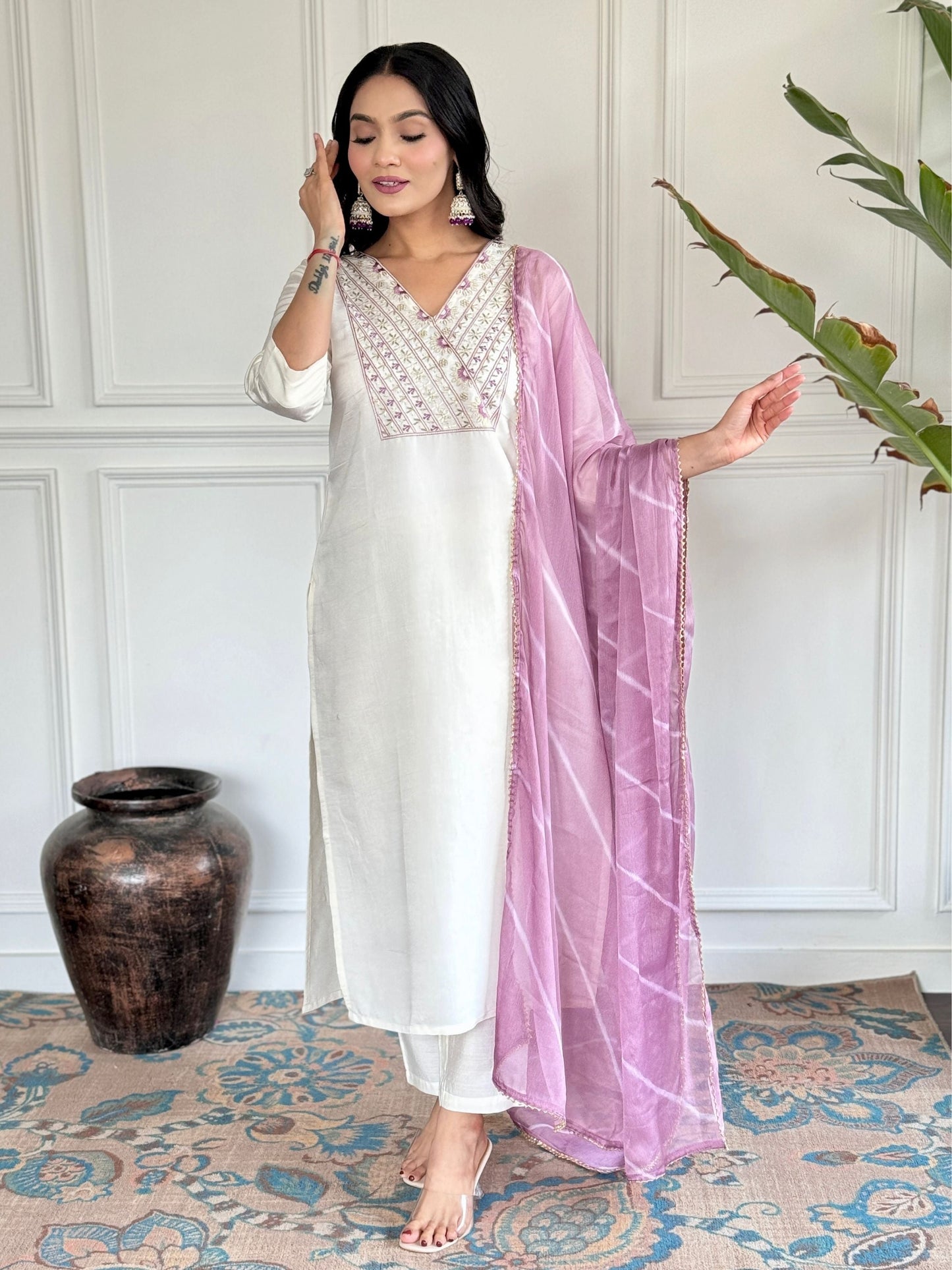 Chanderi Kurta With Bottom & Dupatta Set